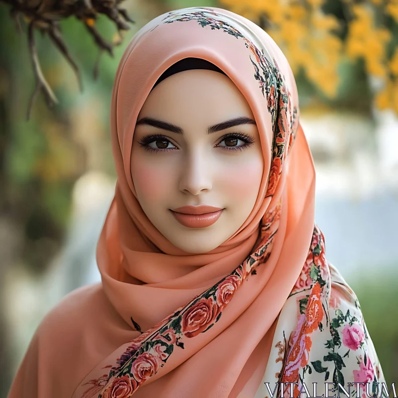 Elegant Portrait of a Woman in Floral Hijab AI Image