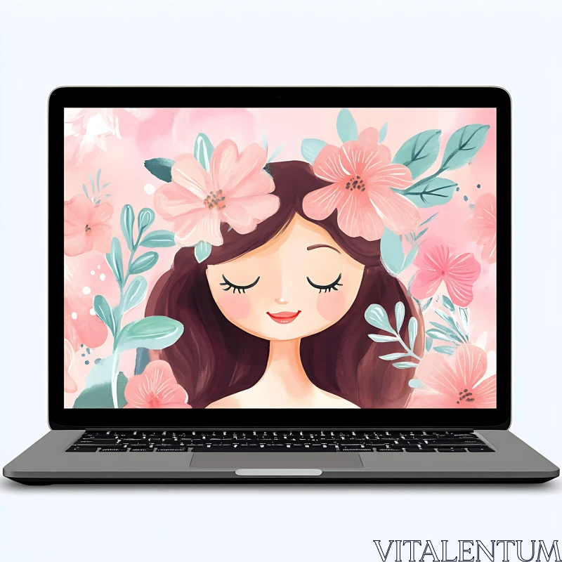 Digital Art of Woman with Flowers on Laptop AI Image