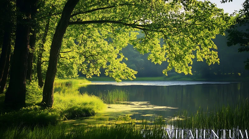 Serene Forest Lake with Sunlit Foliage AI Image