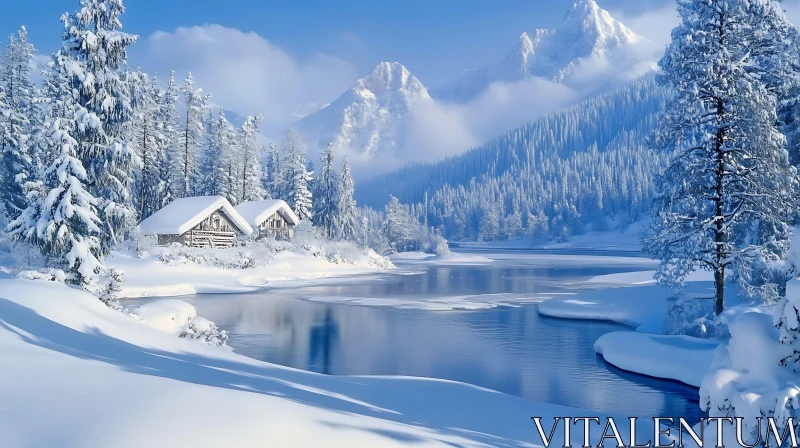 Peaceful Snowy Forest with Cabins and Lake AI Image