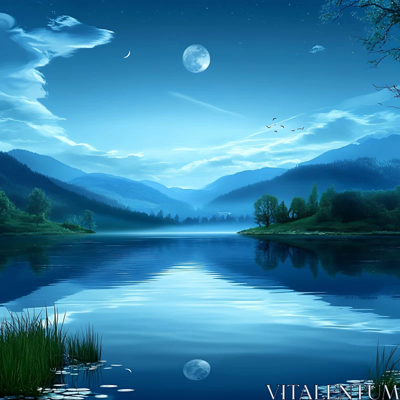 Moonlit Lake with Mountain Reflections and Starry Sky AI Image