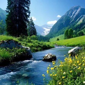 Mountain River Flowing Through a Forested Valley