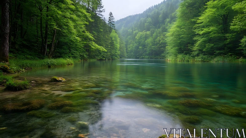 Tranquil Forest Lake with Clear Water and Greenery AI Image