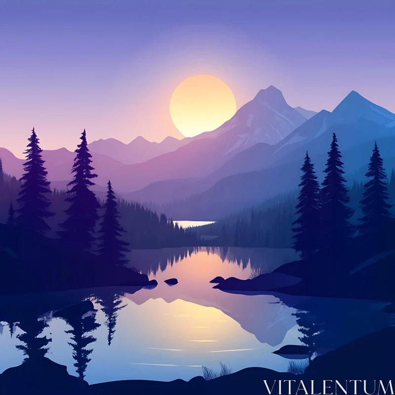 Tranquil Mountain Lake Sunset AI Image