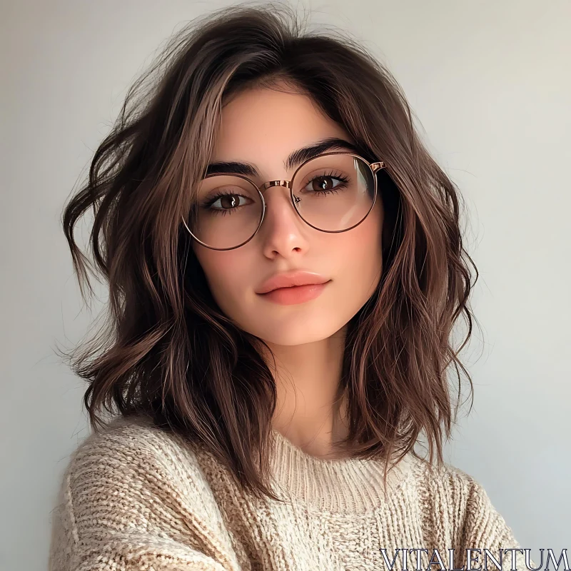 AI ART Young Woman in Glasses with Wavy Hair Portrait