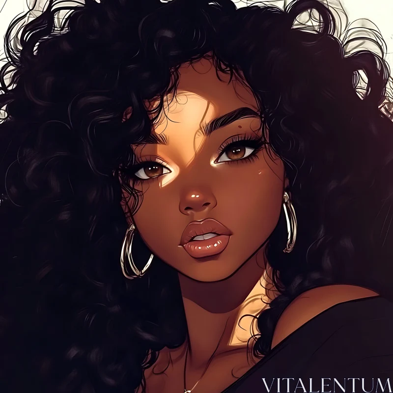 Elegant Woman with Curly Hair and Hoop Earrings AI Image