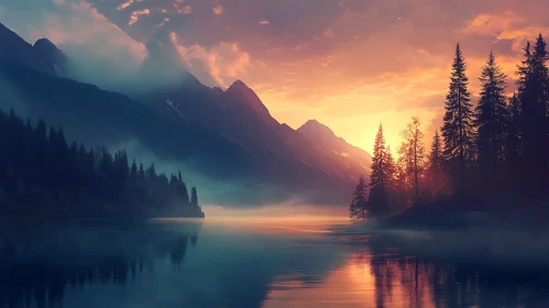 Misty Sunset at Tranquil Lake with Mountain Backdrop