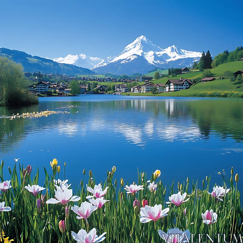 Beautiful Nature Landscape with Lake, Mountain, and Flowers AI Image