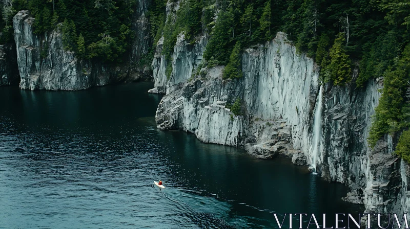 Solitary Kayaker on Calm Lake Near Waterfall AI Image