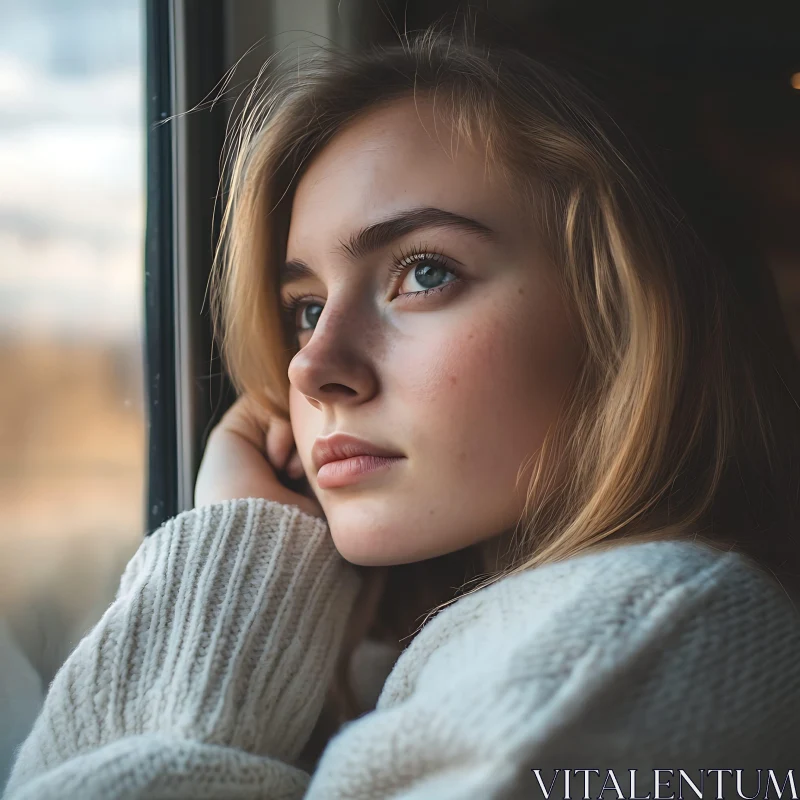 Reflective Moment: Young Woman by Window AI Image