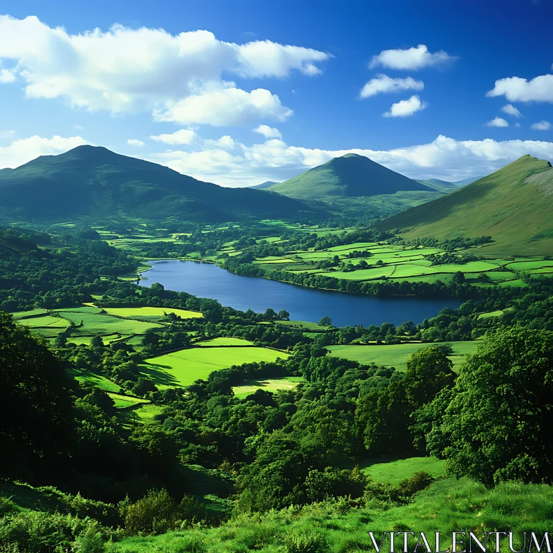 Picturesque Lake and Lush Valley Landscape AI Image