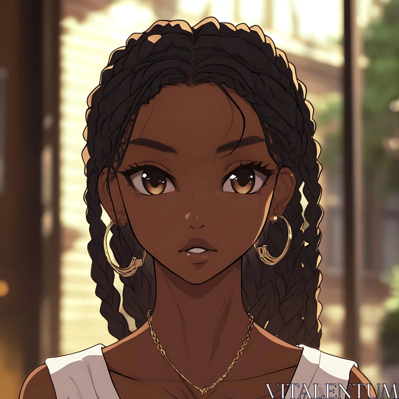 Anime Character with Braided Hair and Gold Accessories AI Image