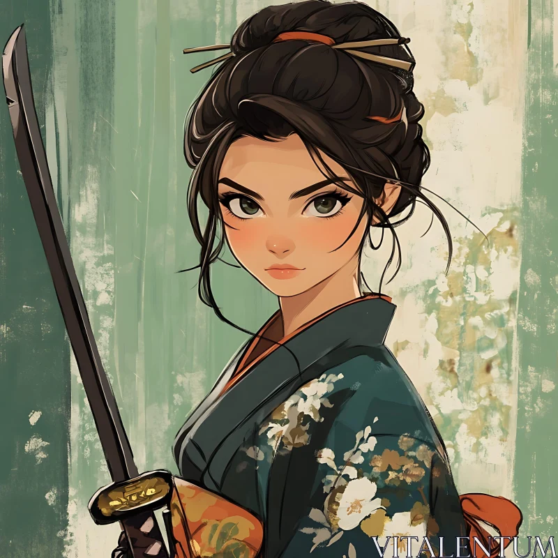 Samurai Woman with Sword in Japanese Kimono AI Image