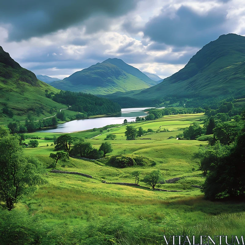 Picturesque Green Valley with Mountains and Lake AI Image