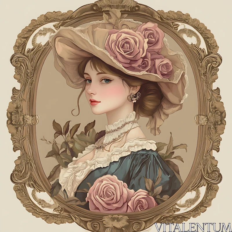 Victorian Woman with Rose-Decorated Hat AI Image