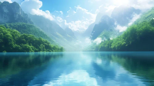 Serene Lake with Misty Mountain Views