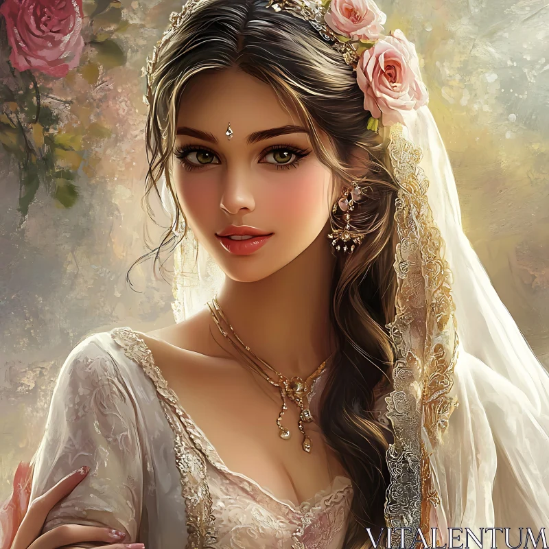 Ornate Woman Portrait with Jewelry and Floral Background AI Image