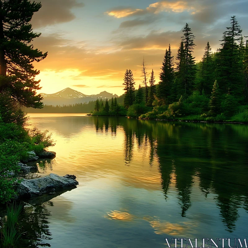 Sunset Over a Tranquil Lake Surrounded by Nature's Beauty AI Image