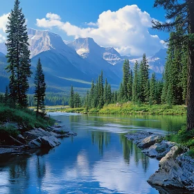 Peaceful Mountain Lake with Pine Forest and Clear Sky