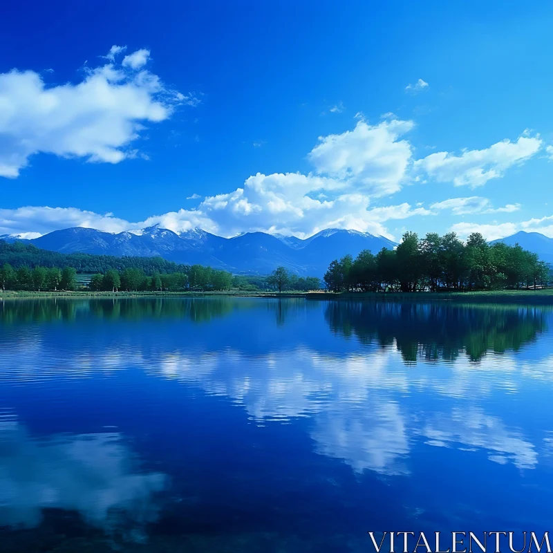 Tranquil Lake with Mountain Backdrop and Blue Sky AI Image