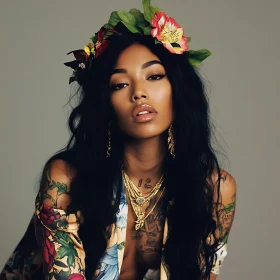 Floral Adorned Beauty with Tattoos and Gold Jewelry