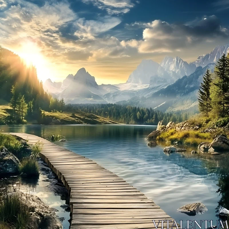 Sunset Over Mountain Lake with Wooden Pathway AI Image