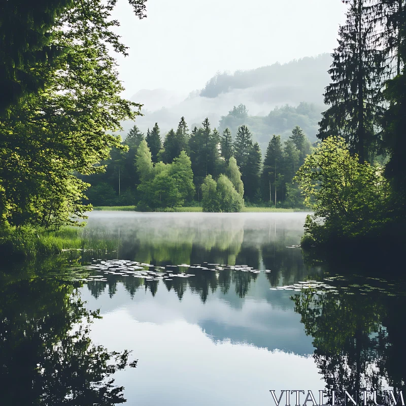 Serene Misty Lake in Lush Forest AI Image