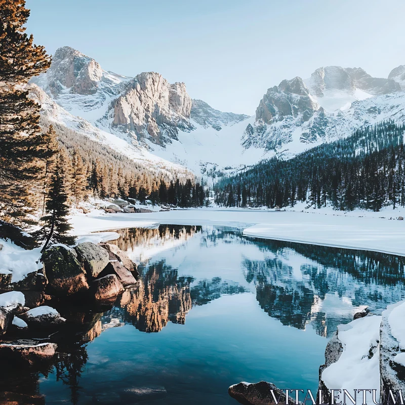 Pristine Mountain Lake Reflecting Snowy Mountains AI Image