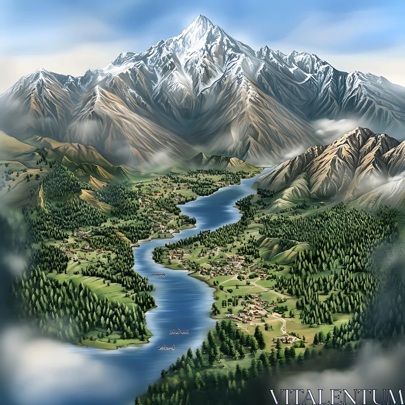 Mountain Landscape with Serene Villages and River AI Image