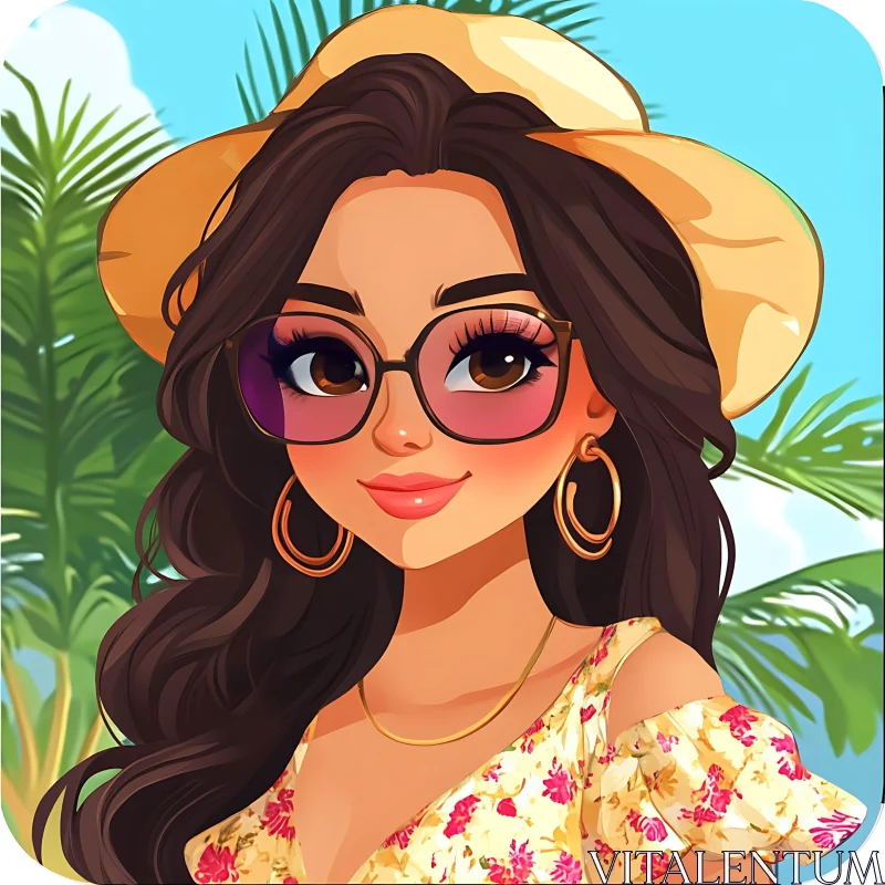 Colorful Cartoon Woman with Hat and Sunglasses AI Image