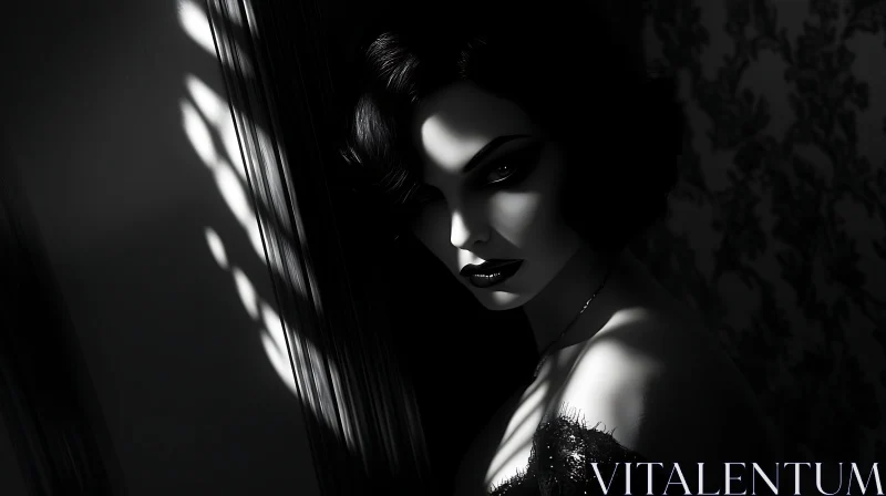 Enigmatic Woman in Black and White with Intense Shadows AI Image