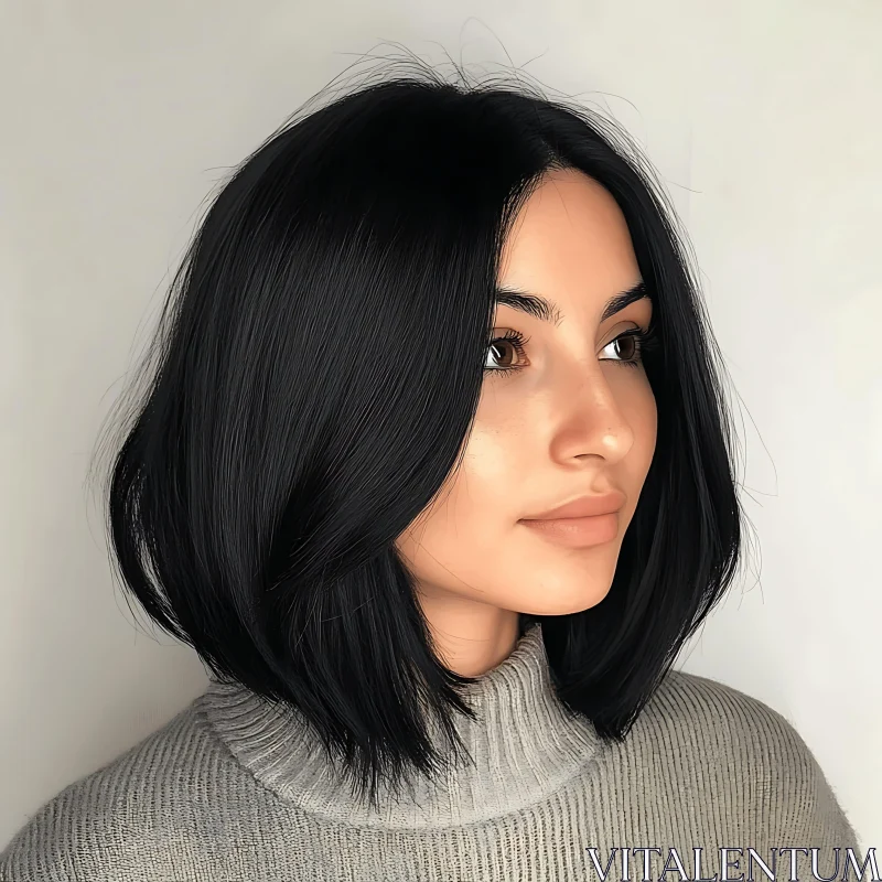 Stylish Female Profile in Black Hair and Turtleneck AI Image