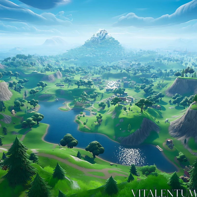 Scenic View of a Tranquil Valley and Snowy Peak AI Image