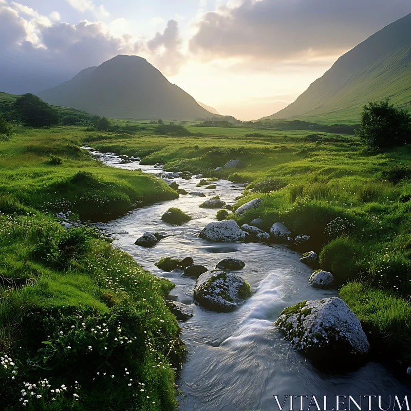 Lush Green Valley with Flowing River AI Image