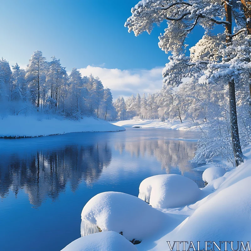 Tranquil Snowy Forest River Scene in Winter AI Image