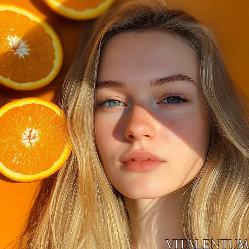 Sunlit Woman's Portrait with Oranges AI Image