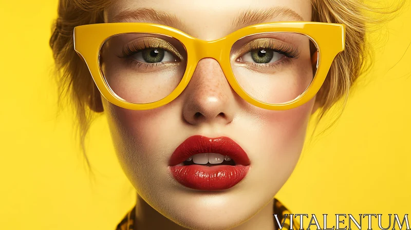 Vivid Portrait of Stylish Woman in Yellow Glasses AI Image