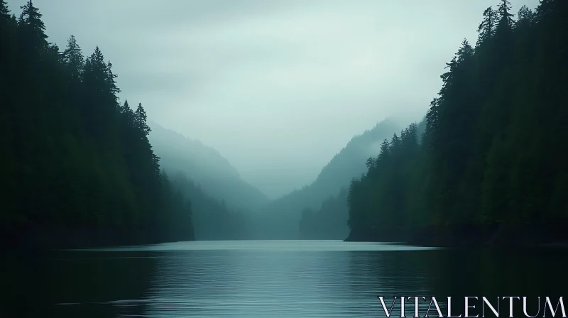 Tranquil Misty Lake Scene AI Image