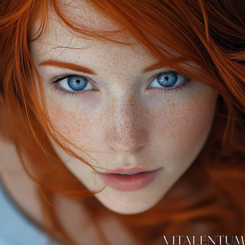 Portrait of a Red-Haired Woman with Mesmerizing Blue Eyes AI Image