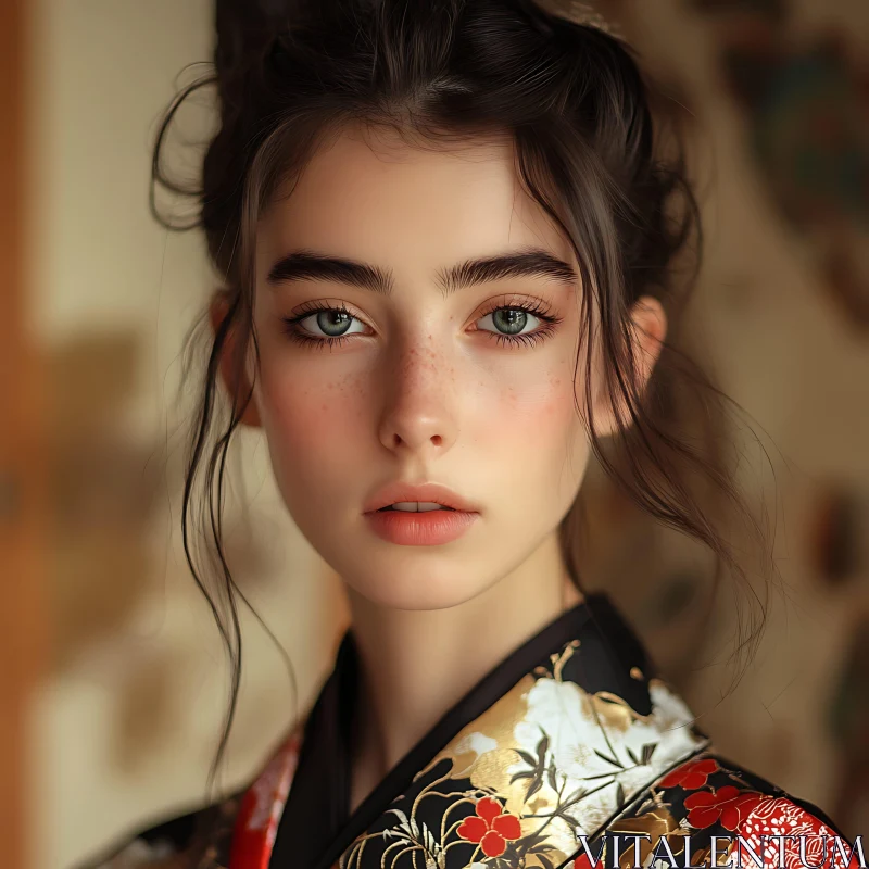 Serene Glance of a Woman in Kimono AI Image