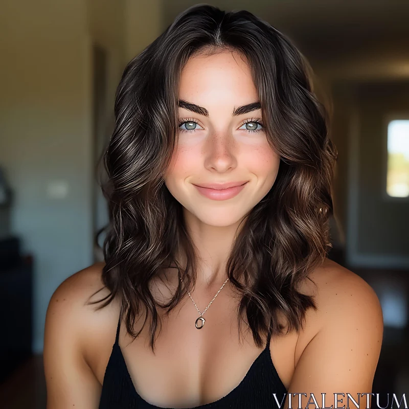 Smiling Woman with Wavy Brunette Hair and Light Blue Eyes AI Image