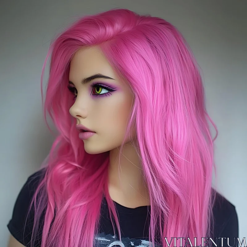 Vivid Pink Hair Model with Purple Makeup AI Image