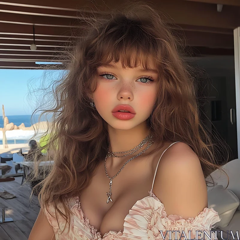 Young Woman with Curly Hair and Necklace AI Image