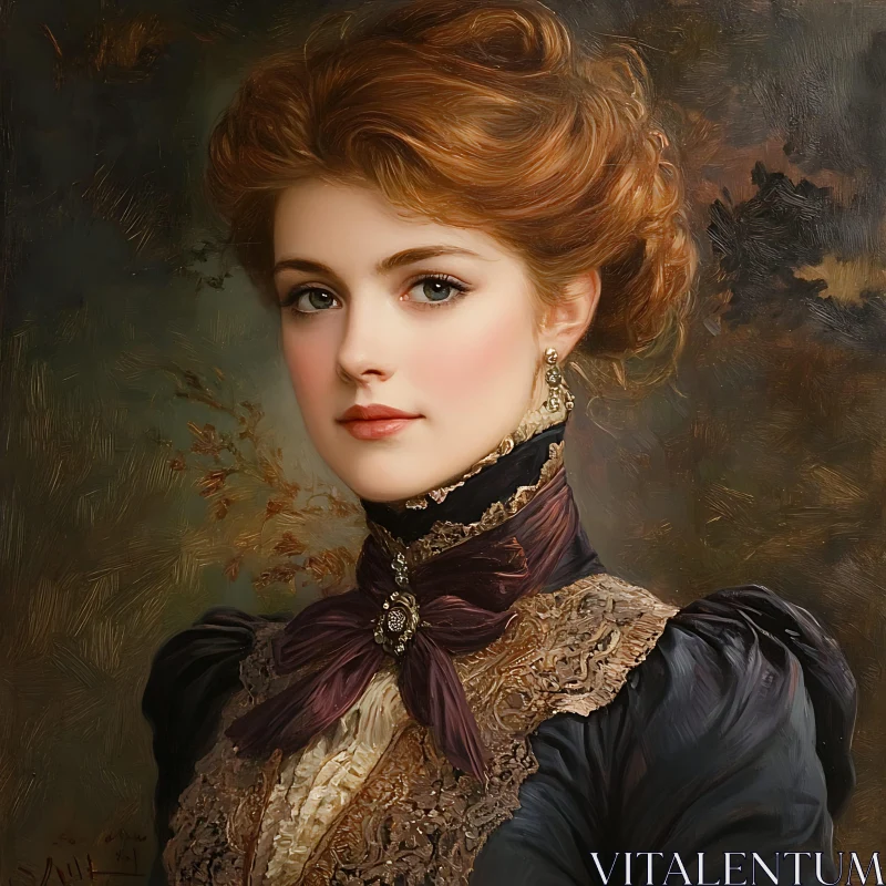 Vintage Woman Portrait with Red Hair and Victorian Attire AI Image