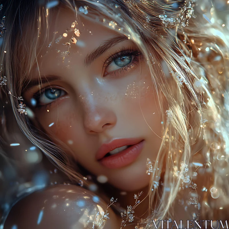 Dreamy Female Portrait with Blue Eyes AI Image