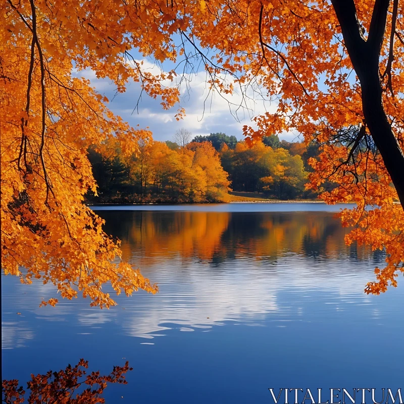 Tranquil Fall Scene with Orange Leaves and Reflective Water AI Image