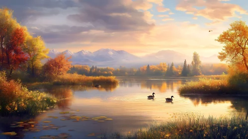 Tranquil Lakeside Sunset with Autumn Colors