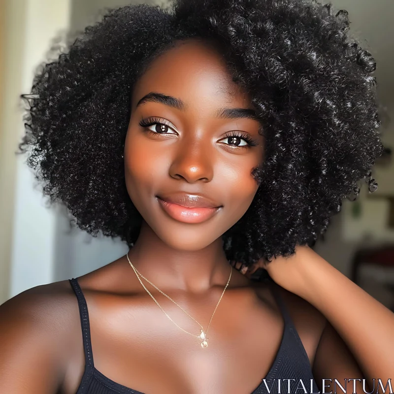 Close-Up Portrait of a Woman with Radiant Skin and Curly Hair AI Image