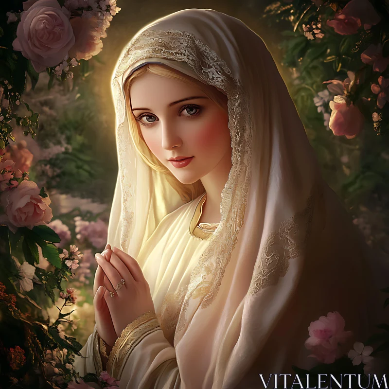 Graceful Lady in Ivory Veil with Floral Surroundings AI Image