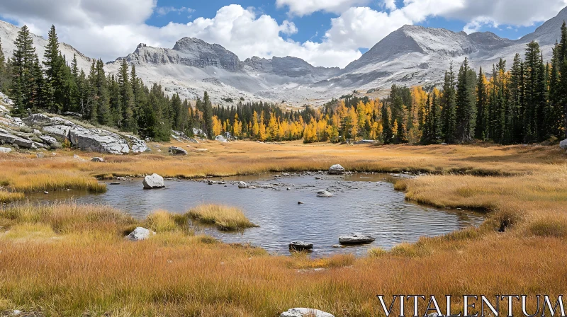 Tranquil Mountain Lake and Autumn Grasses AI Image